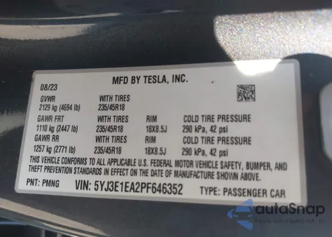2023 Tesla Model 3 Rear-Wheel Drive z USA, uszkodzony, nr VIN 5YJ3E1EA2PF646352